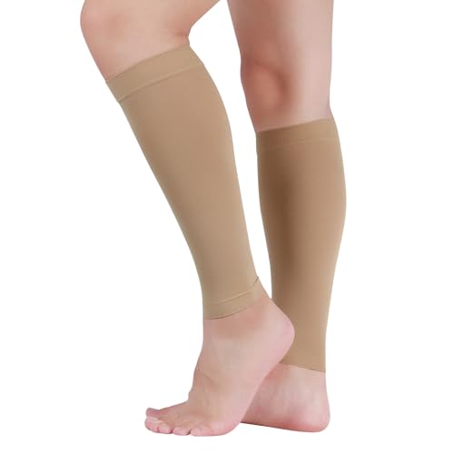 Lin Performance 20-30 mmHg Medical Calf Compression Sleeve for Women and Men Lightweight Footless Socks for Travel Flight Daily Comfort - color: Beige/20-30mmhg, size: XX-Large