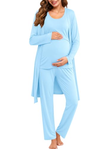 SWOMOG Maternity Nursing Robe Set 3 PCS Women Postpartum Pajamas Breastfeeding Labor Delivery Hospital Pregnancy Pjs - color: Baby Blue, size: Large