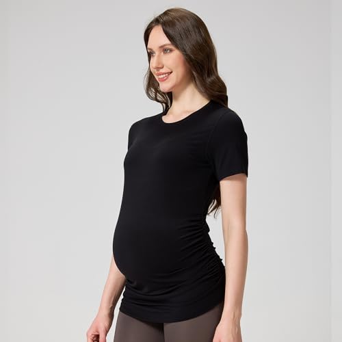 netdraw Buttery Soft Bamboo Viscose Maternity T Shirt, Pregnancy Short Sleeve Side Ruched Casual Tops - color: Black, size: Small
