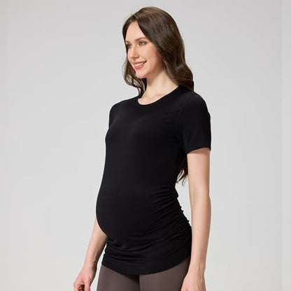 netdraw Buttery Soft Bamboo Viscose Maternity T Shirt, Pregnancy Short Sleeve Side Ruched Casual Tops - color: Black, size: Small