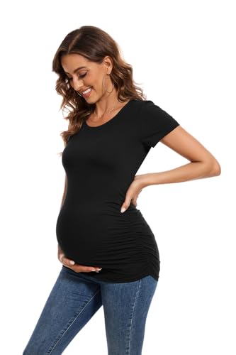 Smallshow Women's 4 Pack Maternity Shirts Short Sleeve Pregnancy Tops Clothes - color: Black-deep Grey-light Grey-light Grey Stripe(4 Pack), size: Medium