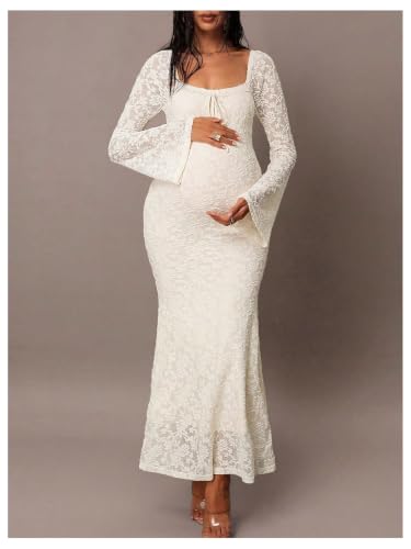 SweatyRocks Women's Maternity Lace Baby Shower Swiss Dots Maxi Dresses - color: Apricot, size: Medium