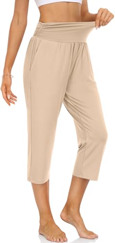 UEU Women's Yoga Capri Pants Loose Soft Drawstring Workout Sweatpants - color: Capris, Beige, size: Large