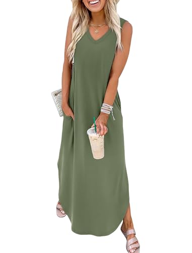 Sampeel Summer Dresses Maxi Dress Vacation Beach Sundresses 2025 with Pockets - color: Army Green, size: Medium