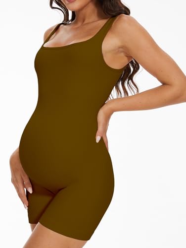 BDITANLE Maternity Workout Romper Pregnancy Yoga Ribbed One Piece Seamless Tank Top Jumpsuit - color: 05brown, size: Medium
