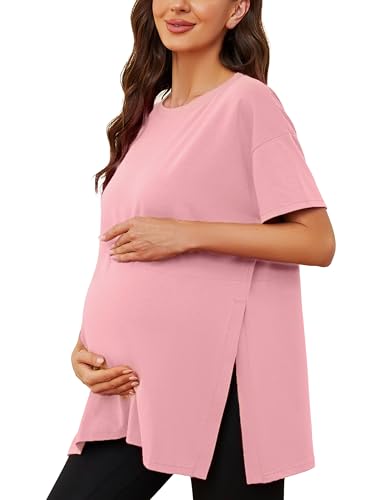 Ecavus Maternity Shirts Side Split Soft Cotton Loose Fit Pregnancy Tops - color: Pink, size: Medium