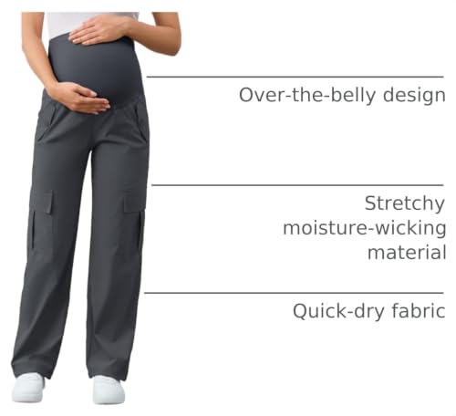 AMPOSH Women's Maternity Cargo Pants with 6 Pockets Quick-Dry Pregnancy Hiking Pants - color: Dark Gray, size: Medium