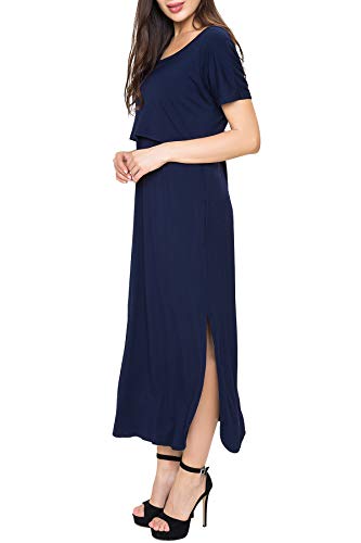Smallshow Women's Maternity Nursing Dresses Split Long Dress for Breastfeeding - color: Dark Blue, size: Medium