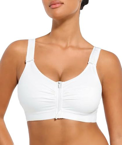 Zip Front Closure Everyday Bra for Women Post Surgery Compression Bras with Adjustable Straps Wirefree - color: White, size: Small