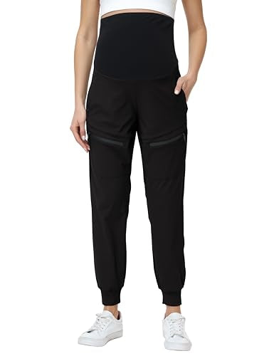 Foucome Women's Maternity Cargo Joggers with 4 Zipper Pockets - color: Black, size: Large