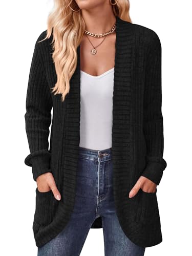 DB MOON Womens Long Cardigan Sweater Lightweight Open Front Long Sleeve Outfits with Pockets - color: Black, size: Medium