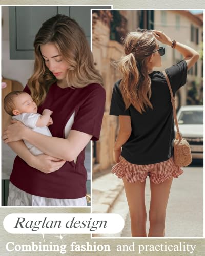 Huukeay 3 Pack Women's Nursing Tops - color: Light Green, Wine Red, Black, size: Large