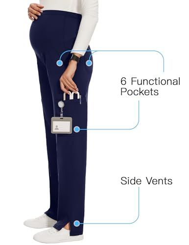 AMPOSH Women's Maternity Scrub Pants with 6 Pockets Stretchy Straight Leg Pregnancy Workwear - color: Black/Navy, size: X-Large