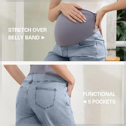 Women's Maternity Jeans Over Belly, Comfy Stretch Boyfriend Jeans, Loose Pregnancy Pants with Pockets - size: XX-Large