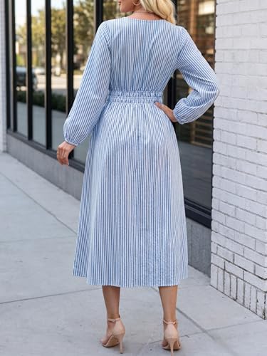 ANRABESS Women's Long Sleeve Striped Fall Midi Dress with Pockets - color: Blue White Stripe, size: Small