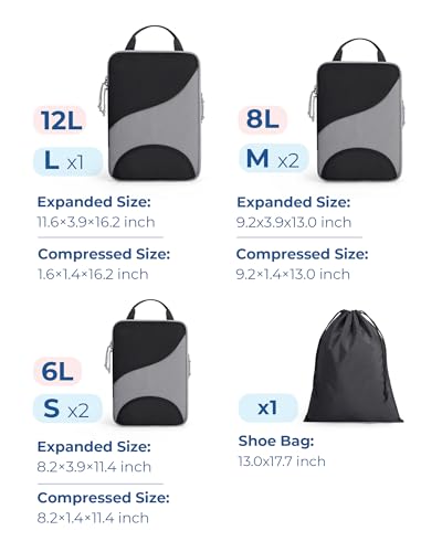 Bagsmart Compression Packing Cubes, Travel Bag Cruise Ship Essentials - color: Jet Black, size: 6 Set