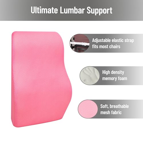 Mind Reader Air-Cloud Lumbar Cushion, Memory Foam Back Support Pillow for Lower Back Pain Relief, Adjustable Strap, Office Chair and Car Seat, Pink - color: Pink
