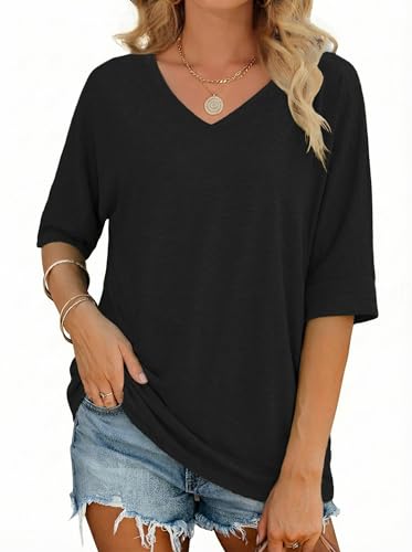 Totatuit Womens Oversized T Shirts Short Sleeve V Neck Basic Tees Tops - color: Black, size: X-Large