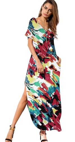 GRECERELLE Women's Summer Maxi Dress Casual Loose V Neck Short Sleeve Side Split Long Dresses with Functional Pockets - color: White Ink Red, size: Medium