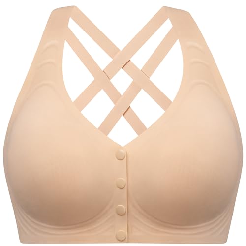 Angelhood Front Closure Racerback Jelly Bras for Women No Underwire - color: Beige, size: XX-Large