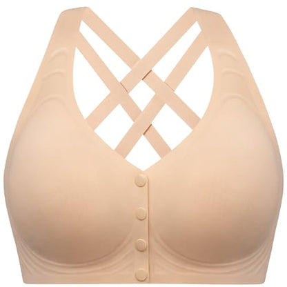 Angelhood Front Closure Racerback Jelly Bras for Women No Underwire - color: Beige, size: XX-Large
