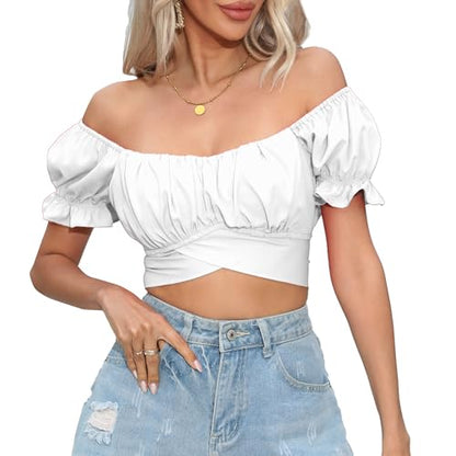 Women's Crop Tops Ruffle Short Sleeve Tie Back Off Shoulder Blouse - color: White, size: X-Large