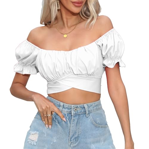 Women's Crop Tops Ruffle Short Sleeve Tie Back Off Shoulder Blouse - color: White, size: Large