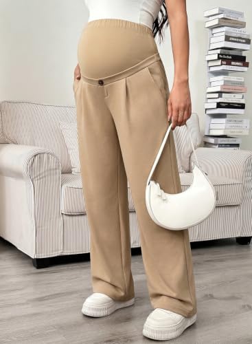BLENCOT Maternity Pants Over Belly Stretchy Wide Leg Work Trousers - color: Camel, size: Small