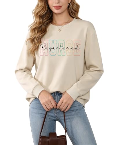 Registered Nurse Sweatshirt Women RN Nurse Long Sleeve Graphic Shirts - color: Beige, size: X-Large