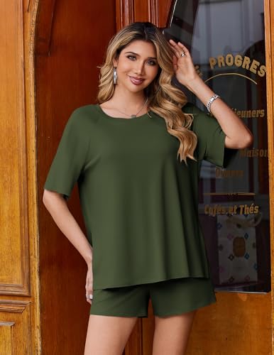 Ekouaer Womens Two Piece Sets Summer Lounge Set Matching Outfits - color: Army Green, size: Medium