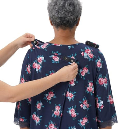 Silverts Women's Adaptive Open Back V-Neck Nightgown, Assisted Dressing - color: Dark Bloom, size: Large
