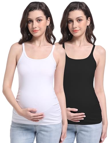 V VOCNI Women's Maternity Camisole Spaghetti Strap Pregnancy Tank Tops - color: 2pack Black/White, size: X-Large