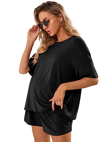 Verdusa Women's Maternity Pajama Set 2 Piece Drop Shoulder Top and Short Lounge Sets - color: Black, size: Small