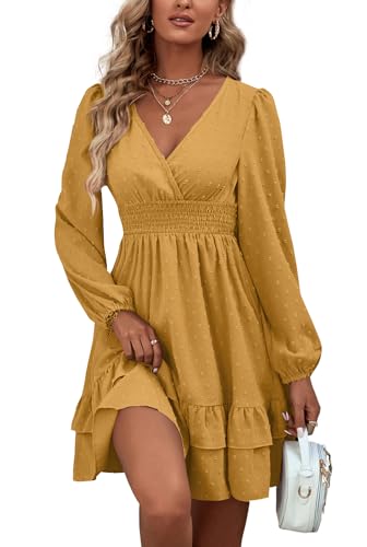 Rooscier Women's Wrap V Neck Swing Ruffle Swiss Dots Long Sleeve Mini Dress - color: Lemon Yellow, size: Small