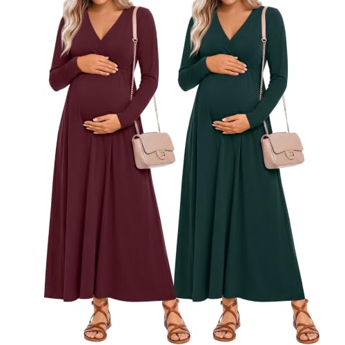 Neer 2 Pcs Maternity Maxi Dresses Long Sleeve Fall Nursing Dress - color: Burgundy, Blackish Green, size: Medium
