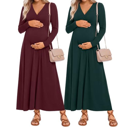 Neer 2 Pcs Maternity Maxi Dresses Long Sleeve Fall Nursing Dress - color: Burgundy, Blackish Green, size: Medium
