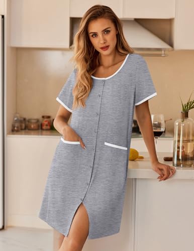 Ekouaer Nightgowns for Women Bamboo Viscose Button Sleep Shirt with Pockets - color: Light Grey, size: Small
