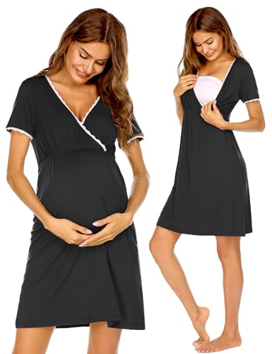 Ekouaer Nursing Nightgown Labor and Delivery Gown Dress Maternity Pajamas - color: Black, size: Small