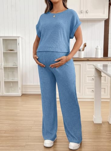 BLENCOT Maternity Sets Summer Ribbed Knit Pajamas Outfits - color: Blue, size: Medium