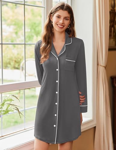 Ekouaer 2 Pack Nightgowns for Women Long Sleeve Button Down Sleep Shirt - color: Black/Grey, size: X-Large