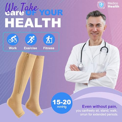 Zipper Compression Socks Women & Men |15-20mmHg Open Toe knee high - color: Beige, size: Small-Medium