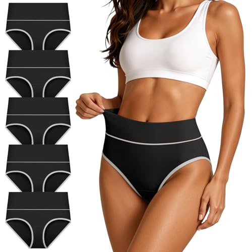 Women’s Cotton Underwear, High Waist, Full Coverage Briefs, 5 Pack - color: Black, size: X-Small