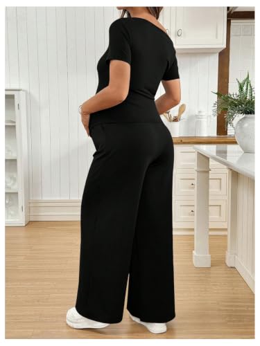 SweatyRocks Women's Maternity Sets 2 Piece Off The Shoulder Top and Pants - color: Black, size: Small