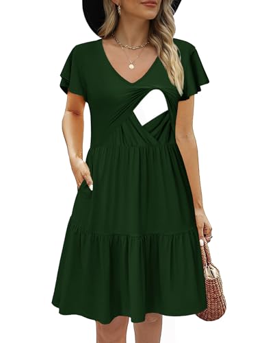CzzzyL Women's Maternity Nursing Dress Ruffle Cap Sleeve Breastfeeding with Pockets - color: Deep Green, size: Medium