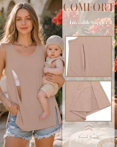 Huukeay 3 Pack Women's Oversized Nursing Tank Tops - color: White, Khaki, Black, size: Medium