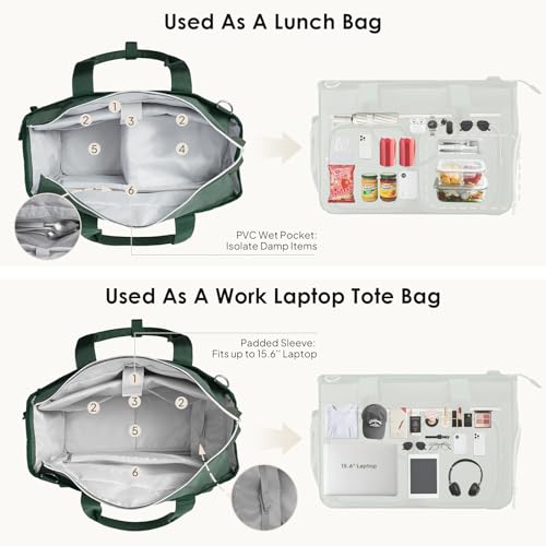 TOPEAST Work Tote Bag for Women with Insulated Lunch Compartment - color: Green