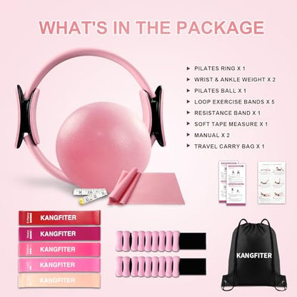 KANGFITER Pilates Kit with Ankle Weight, Pilates Ring Ball, Resistance Band - color: 11 PCS Pink