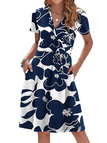 Womens Summer Floral Faux Wrap A-Line Dress with Pockets - color: White Navy Flower, size: Medium