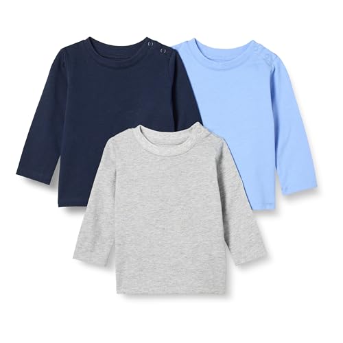 Amazon Essentials Unisex Babies' Relaxed-Fit 100% Cotton Long-Sleeve T-Shirts, Pack of 3 - color: Blue/Navy/Heather, size: Preemie