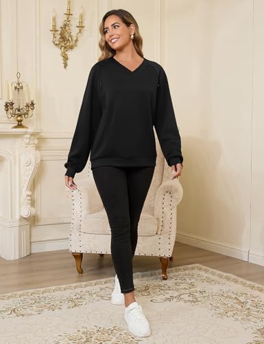 Bhome Nursing Sweatshirt Long Sleeve V Neck Breastfeeding Shirts Zipper Maternity Pumping Tops Pregnancy Sweater Pullover - color: Black, size: Medium